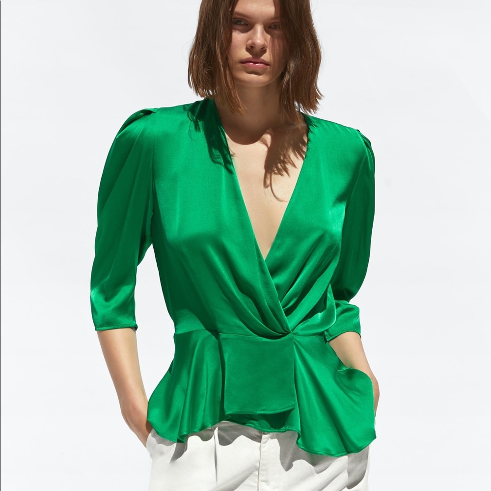 FLASH SALE NWT Zara Green Satin Wrap Top